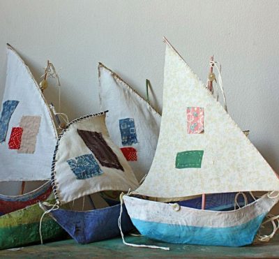 whimsical Ann Wood boats are made from paper mache and fabric. Make 