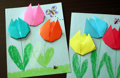 Make a beautiful garden scene with some simple origami paper tulips 