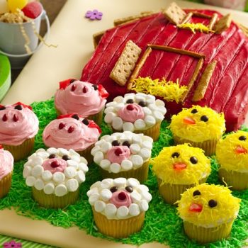 Barn Cake with Farm Animal Cupcakes