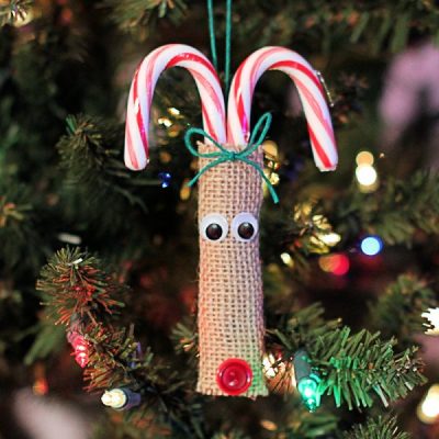 Burlap and Candy Cane Reindeer Ornament