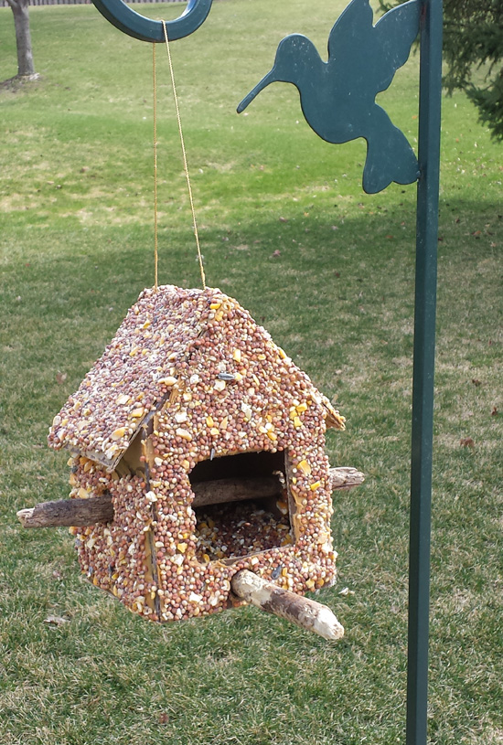 Make this bird feeder using cardboard, sticks and seeds. It's a fun and easy spring or summer craft for kids