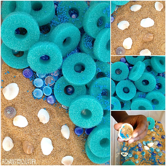 This seaside sensory bin using cut up pool noodles is perfect for summer.