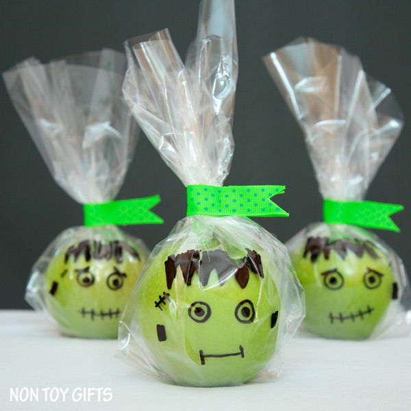 Frankenstein apple treat. Healthy, no-candy Halloween treat for kids.