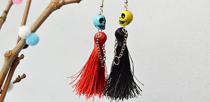 How to Make a Pair of Halloween Skull Bead and Tassel Drop Earrings