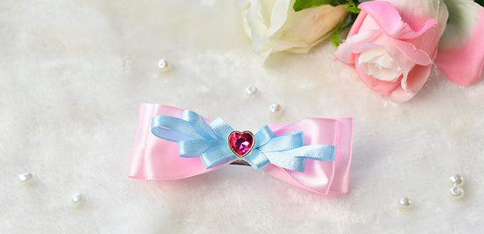 How to Make a Pink and Blue Ribbon Bow Hair Clip with Pink Heart Bead Decorated for Girls