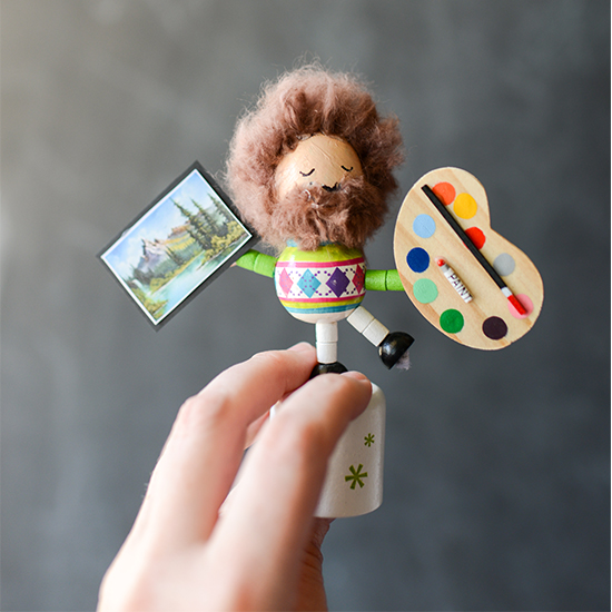 Turn an old fashioned wooden collapsing/dancing toy into a magnificent Dancing Bob Ross! Happy little me.