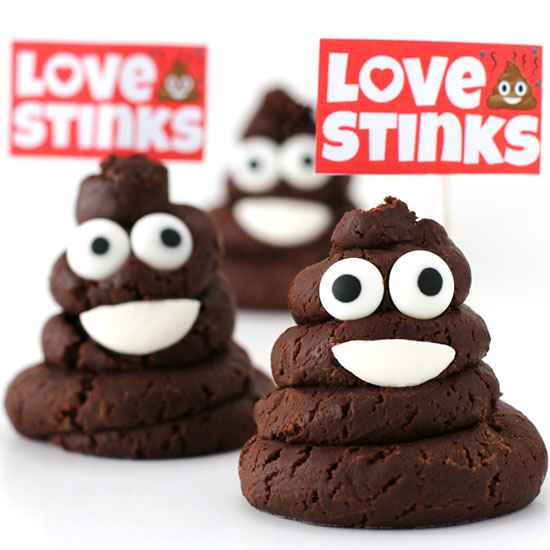 Poke fun at Valentine's Day with these cute Chocolate Caramel Poop Emoji with printable Love Stinks signs.